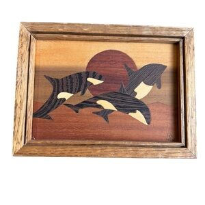 Pacific Marquetry Wood Orcas Setting Sun Signed